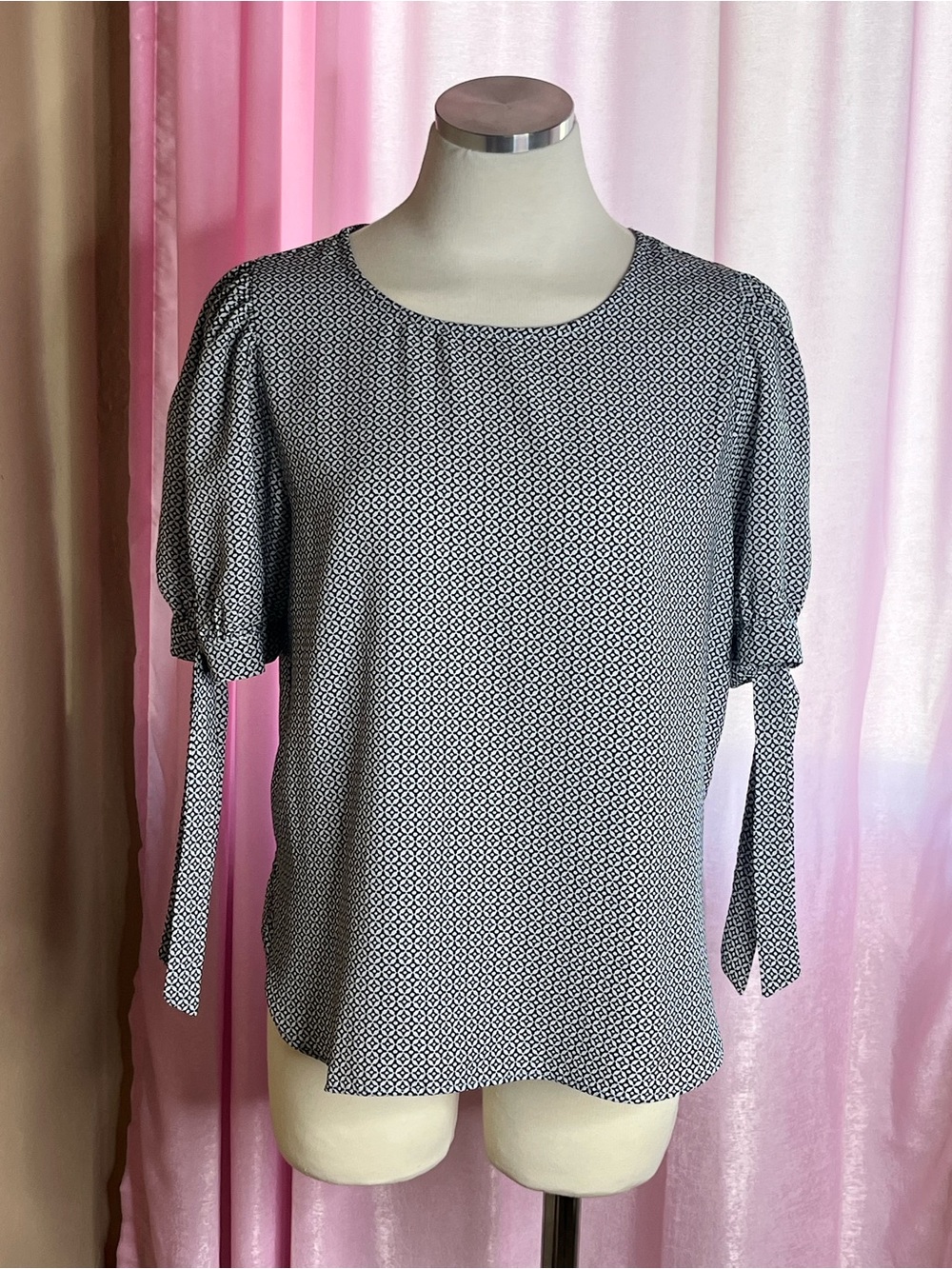 Alice Blue Black and White Printed Tie-Sleeve Blouse